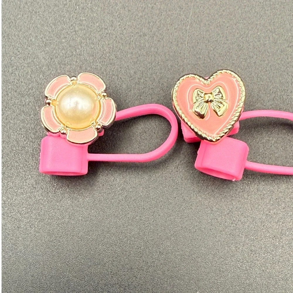 2 Cute Pink Flower‎ Heart Straw Topper